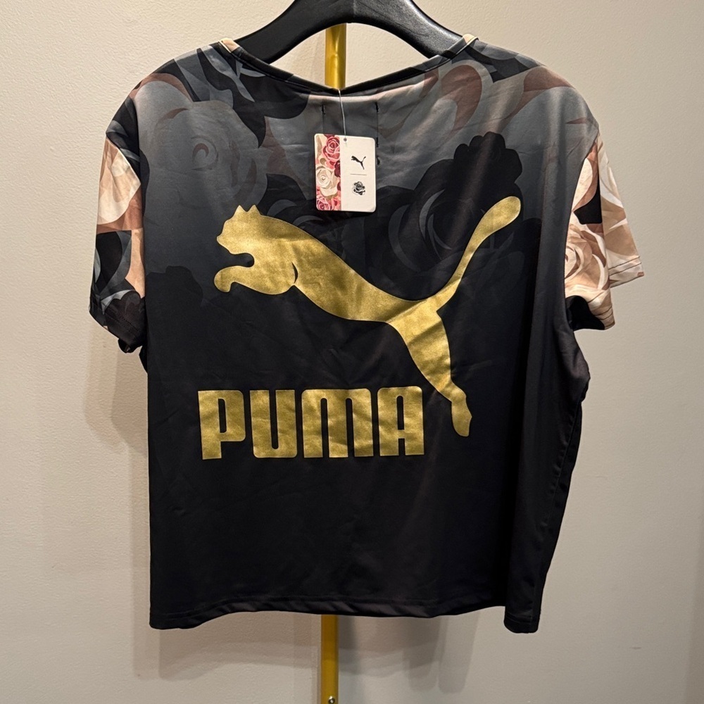 Puma Black Tee with Gold Logo and Floral Accents